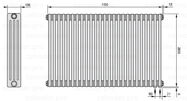 Схема (чертеж) Радиатор Zehnder Charleston 4280/25 №5510 Белый глянцевый RAL 9016